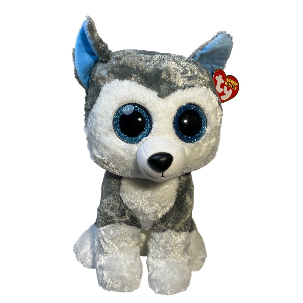 Ty Beanie Boos Slush the Husky Grey White Dog Plush‎ Blue Glitter Eyes 2017 17"